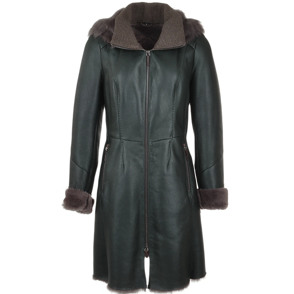 3/4 Hooded Toscana Sheepskin Coat Green : Malaska