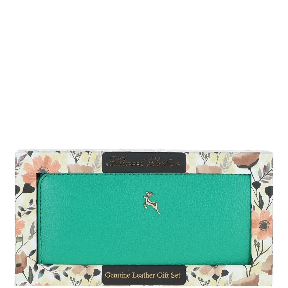 8 Card Zip Around RFID Protected Large Leather Purse Gumdrop Green: J-51