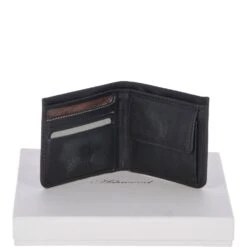 Cow Waxy Leather Classic 3 Card Bill-Fold And Coin Wallet Black : 1552