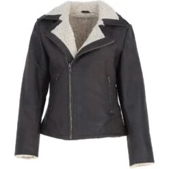 Faux Fur Biker Style Jacket Brown: Jan