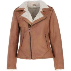 Faux Fur Biker Style Jacket Tan: Jan
