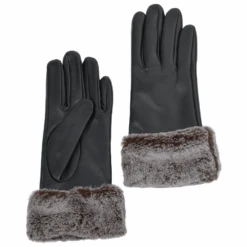 Faux Fur Tipped Leather Gloves Black : 103-A