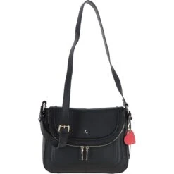 Ladies Large Flap Over Leather Shoulder Bag Black: J-16