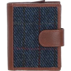 Leather And Harris Tweed Three Compartment Wallet Tan/Navy: TW-12-011-TN