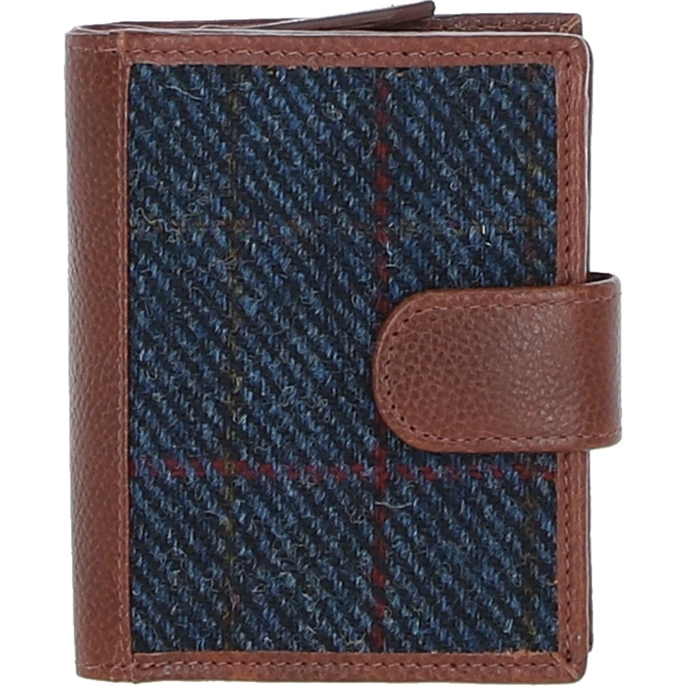 Leather And Harris Tweed Three Compartment Wallet Tan/Navy: TW-12-011-TN