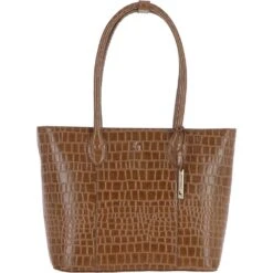 Leather Crocodile Print Shopper Bag Tan: C-56