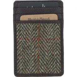 Leather & Harris Tweed Card Holder Brown/Green: TW-15-09-BG