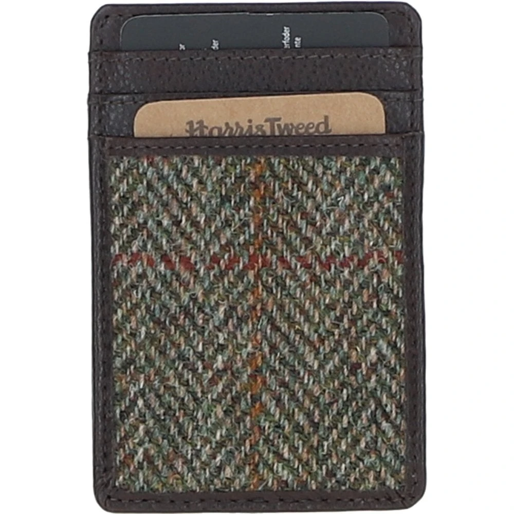 Leather & Harris Tweed Card Holder Brown/Green: TW-15-09-BG