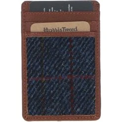 Leather & Harris Tweed Card Holder Tan/Navy: TW-15-011-TN