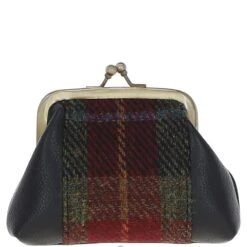 Leather & Harris Tweed Classic Kiss-lock Purse Black/Green/Red: TW-13-07-BR