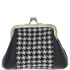 Leather & Harris Tweed Classic Kiss-lock Purse Black/White: TW-13-012-BW