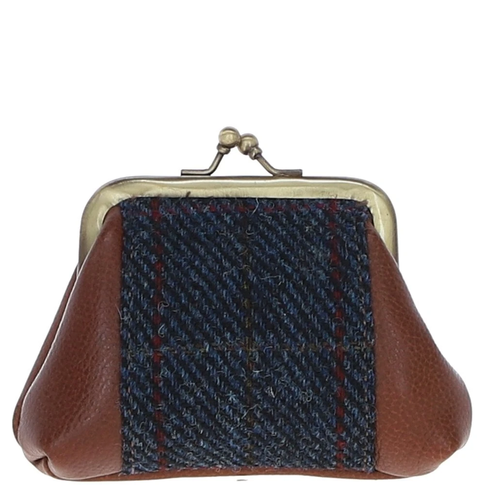 Leather & Harris Tweed Classic Kiss-lock Purse Tan/Navy: TW-13-011-TN