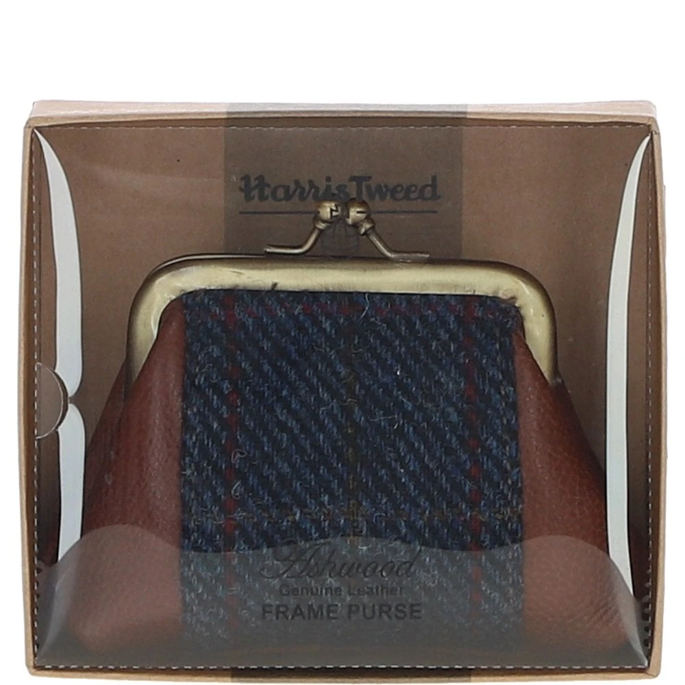 Leather & Harris Tweed Classic Kiss-lock Purse Tan/Navy: TW-13-011-TN - Image 4