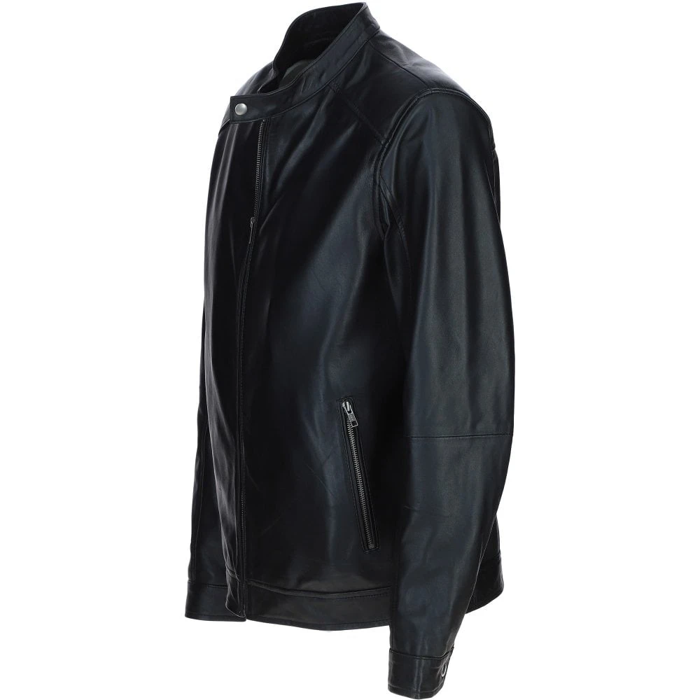 Leather Mandarin Collar Biker Jacket Black: AMJ-31 - Image 2