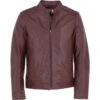 Leather Mandarin Collar Biker Jacket Burgundy: AMJ-31