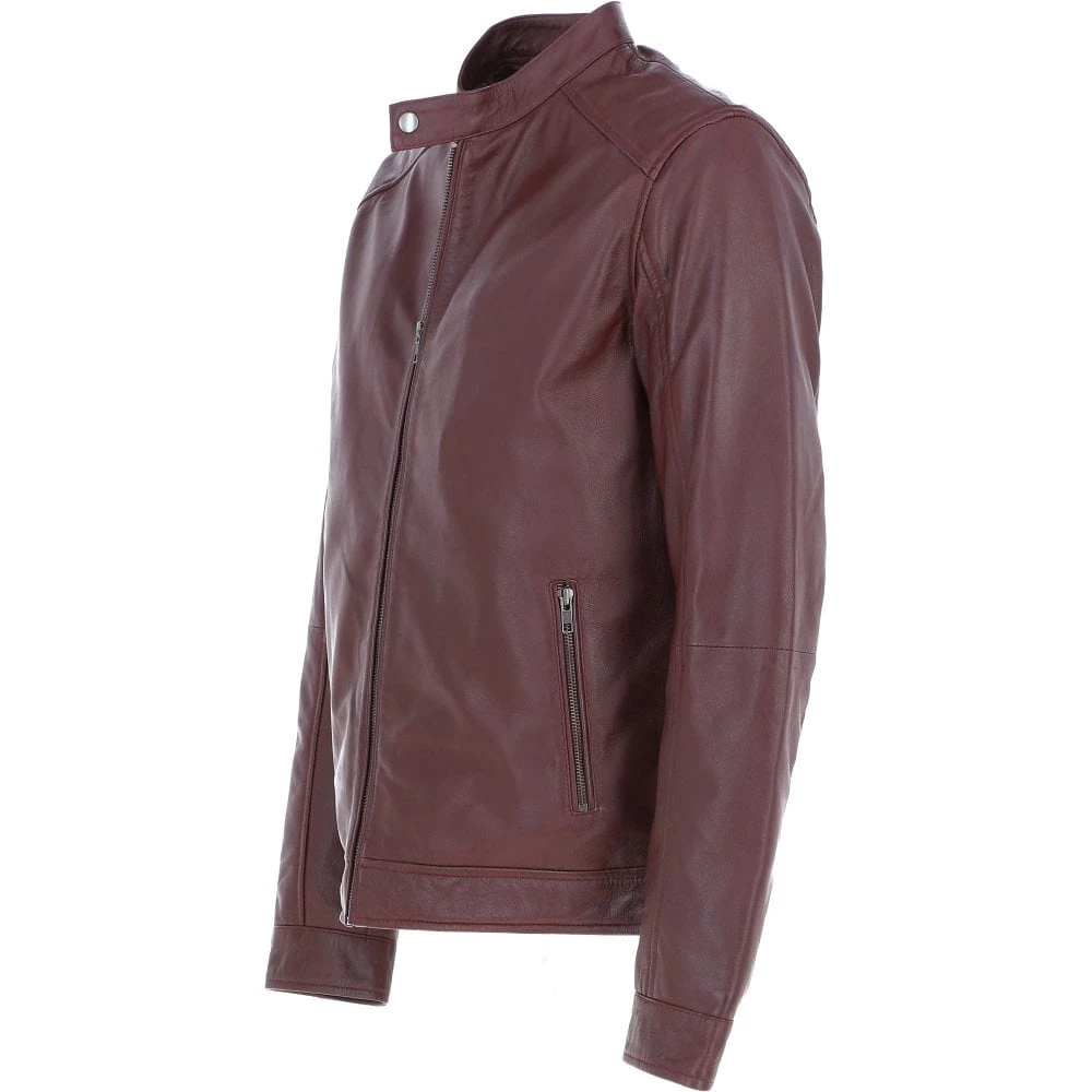 Leather Mandarin Collar Biker Jacket Burgundy: AMJ-31 - Image 2