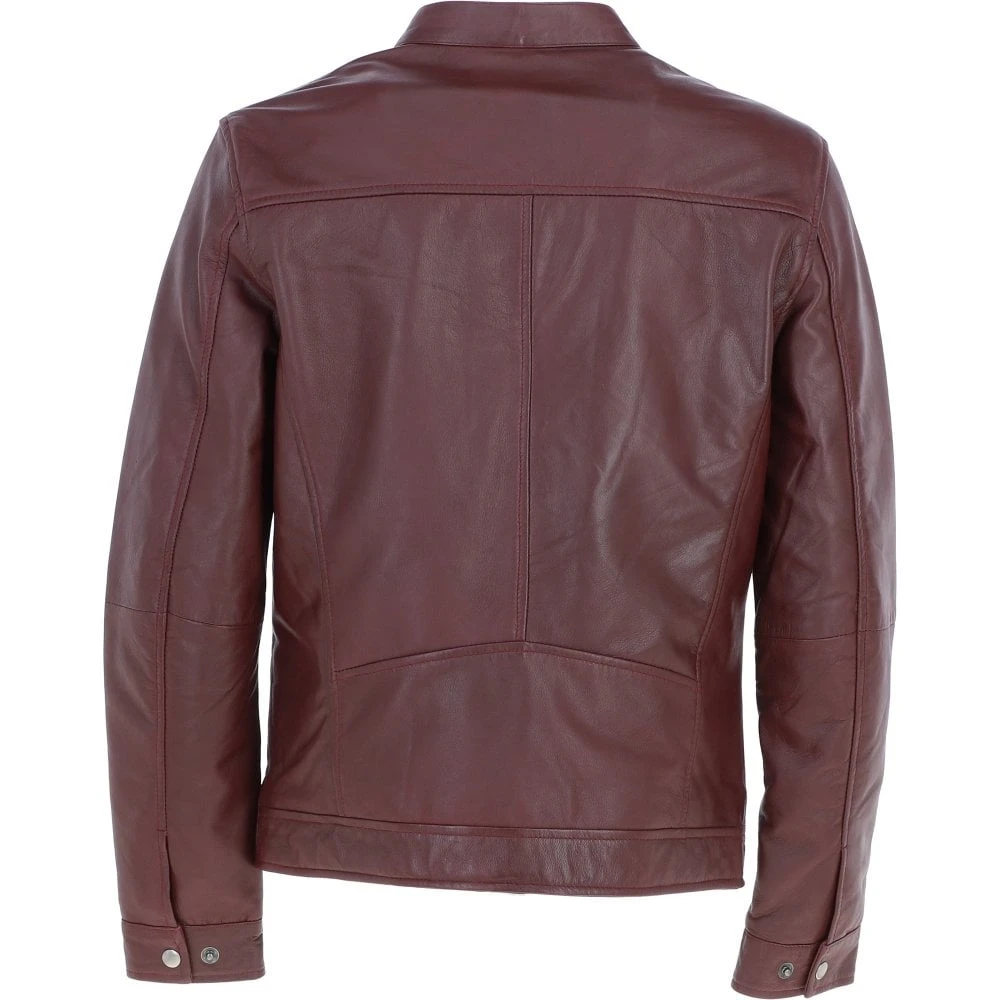Leather Mandarin Collar Biker Jacket Burgundy: AMJ-31 - Image 3