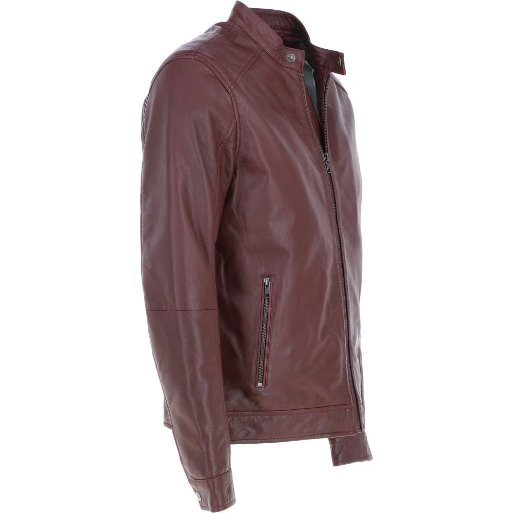 Leather Mandarin Collar Biker Jacket Burgundy: AMJ-31 - Image 4