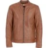 Leather Mandarin Collar Biker Jacket Tan: AMJ-31