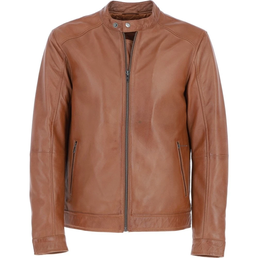 Leather Mandarin Collar Biker Jacket Tan: AMJ-31