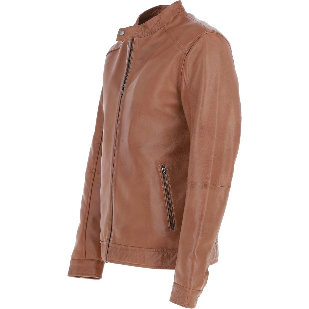 Leather Mandarin Collar Biker Jacket Tan: AMJ-31 - Image 3