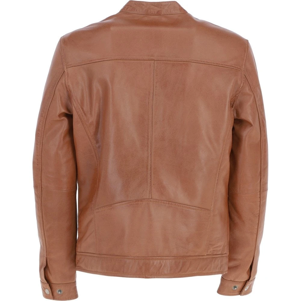 Leather Mandarin Collar Biker Jacket Tan: AMJ-31 - Image 4