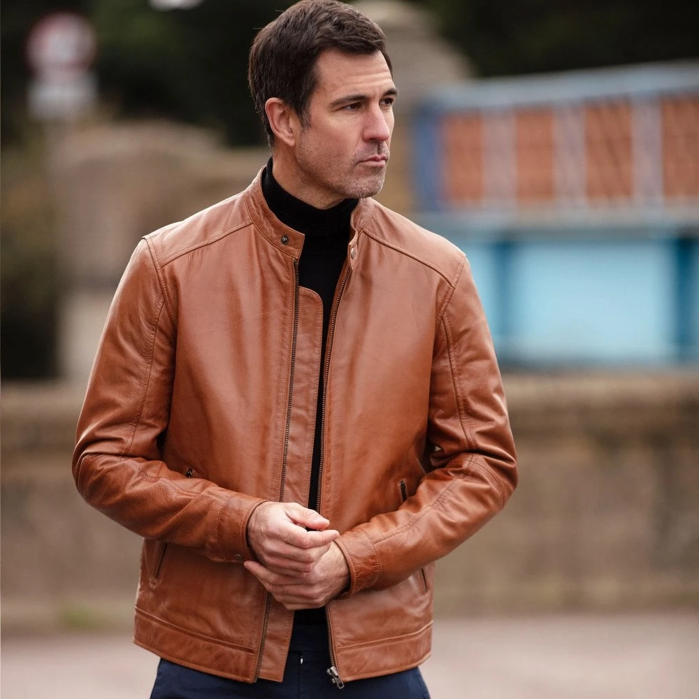 Leather Mandarin Collar Biker Jacket Tan: AMJ-31 - Image 2