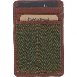 Leather & Tweed Card Holder Tan/Green Check: TW-15-010-TGNH