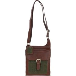 Leather & Tweed Crossbody Bag Tan/Green Check: TW-24-010-TGNH
