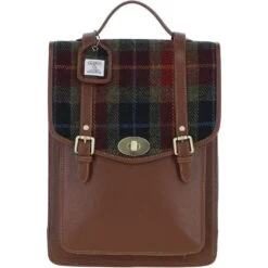 Leather X Harris Tweed Large Backpack With Twist Lock Tan/Green/Red: TW-38-08-TR
