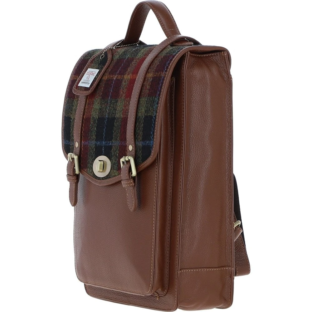 Leather X Harris Tweed Large Backpack With Twist Lock Tan/Green/Red: TW-38-08-TR - Image 2