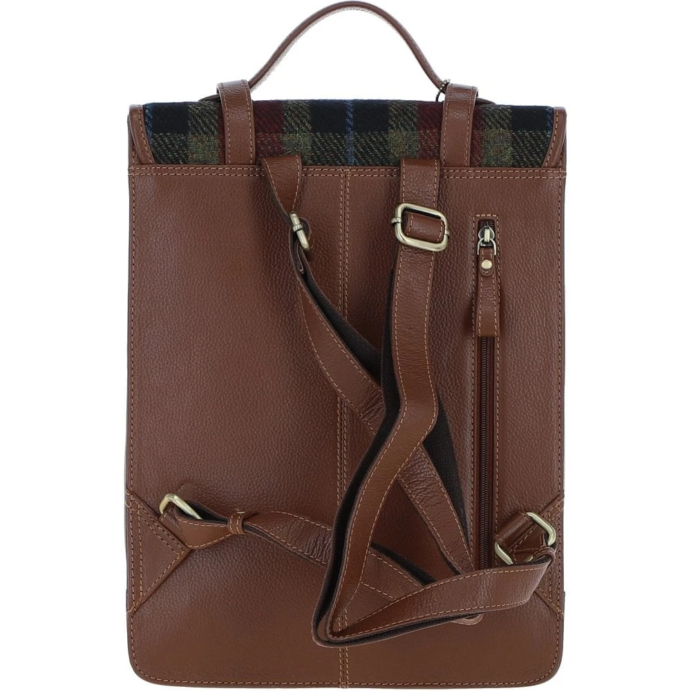 Leather X Harris Tweed Large Backpack With Twist Lock Tan/Green/Red: TW-38-08-TR - Image 3