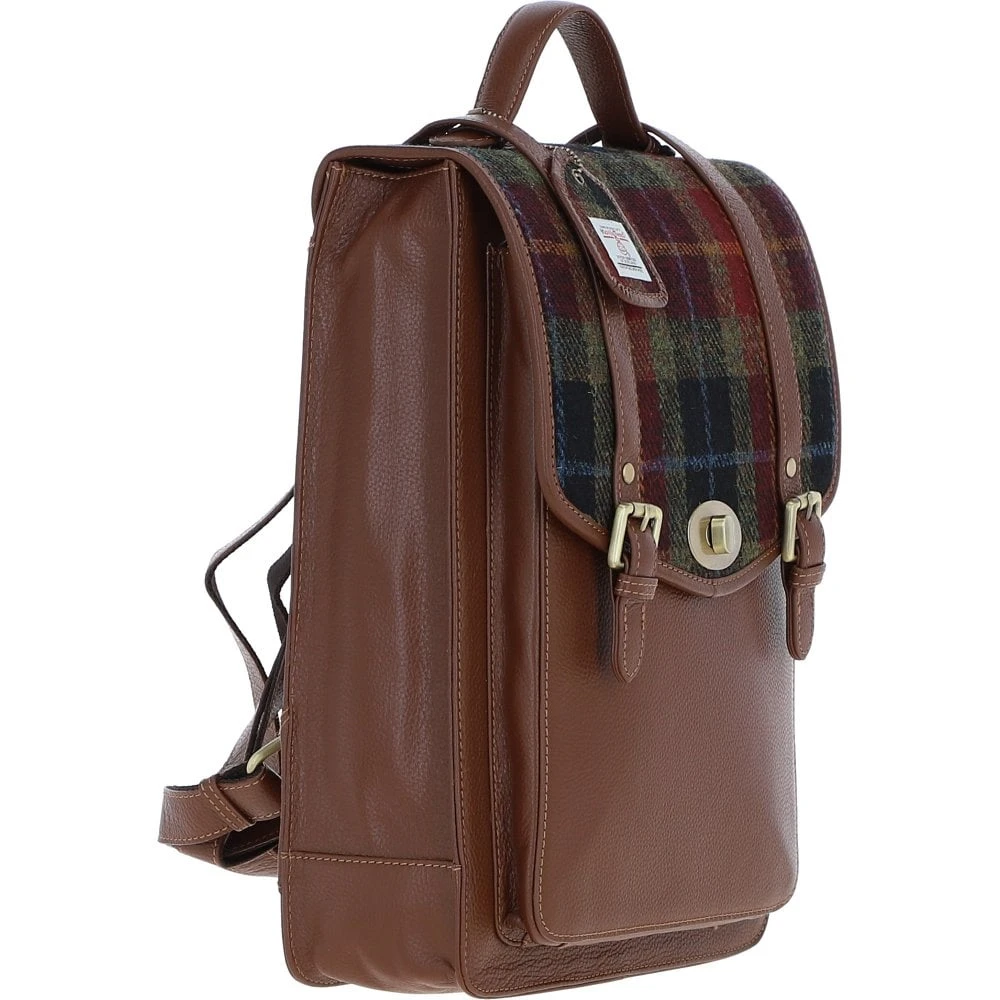 Leather X Harris Tweed Large Backpack With Twist Lock Tan/Green/Red: TW-38-08-TR - Image 4