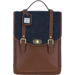 Leather X Harris Tweed Large Backpack With Twist Lock Tan/Navy: TW-38-11-TN