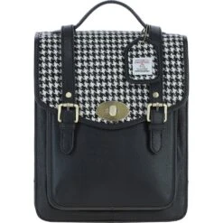 Leather X Harris Tweed Medium Backpack With Twist Lock Black/White: TW-37-012-BW