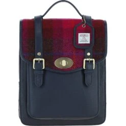 Leather X Harris Tweed Medium Backpack With Twist Lock Navy/Pink: TW-37-06-NP