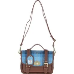 Leather X Harris Tweed Medium Satchel Bag With Twist Lock Tan/LT Blue: TW-34-05-TB