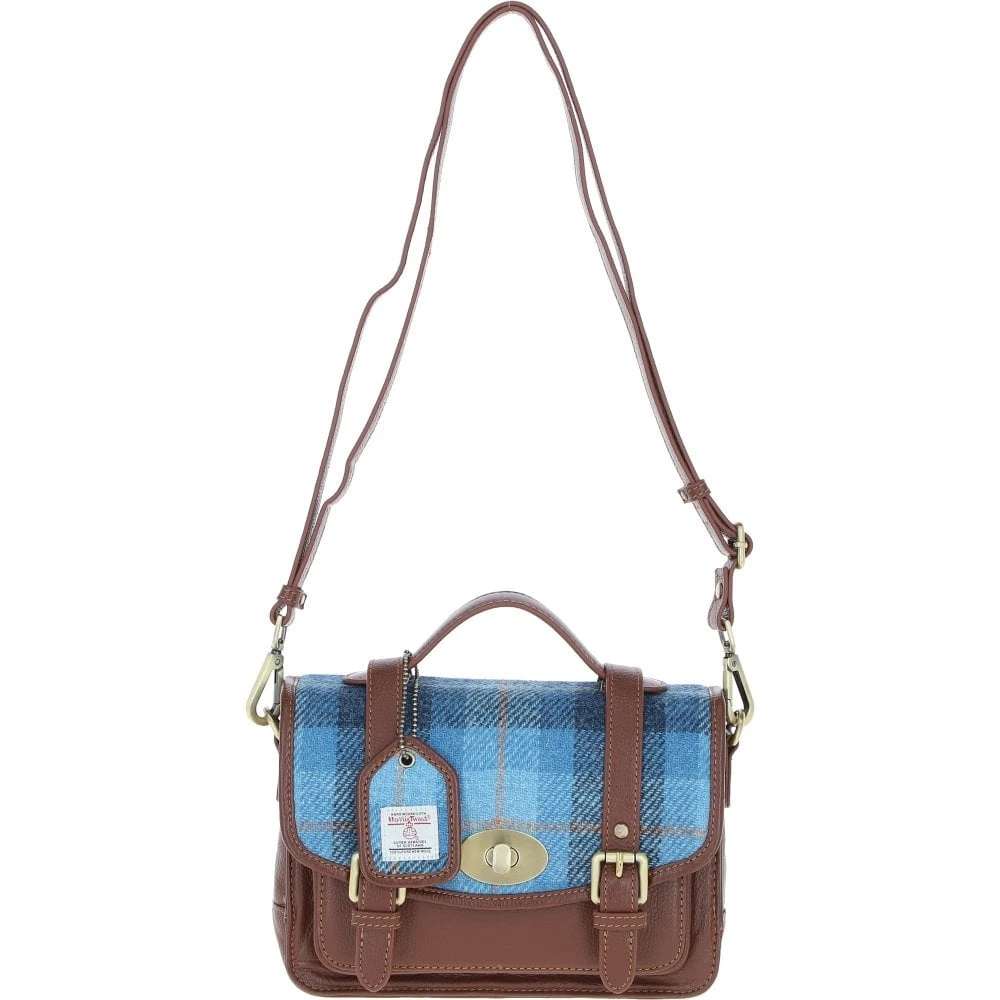 Leather X Harris Tweed Medium Satchel Bag With Twist Lock Tan/LT Blue: TW-34-05-TB