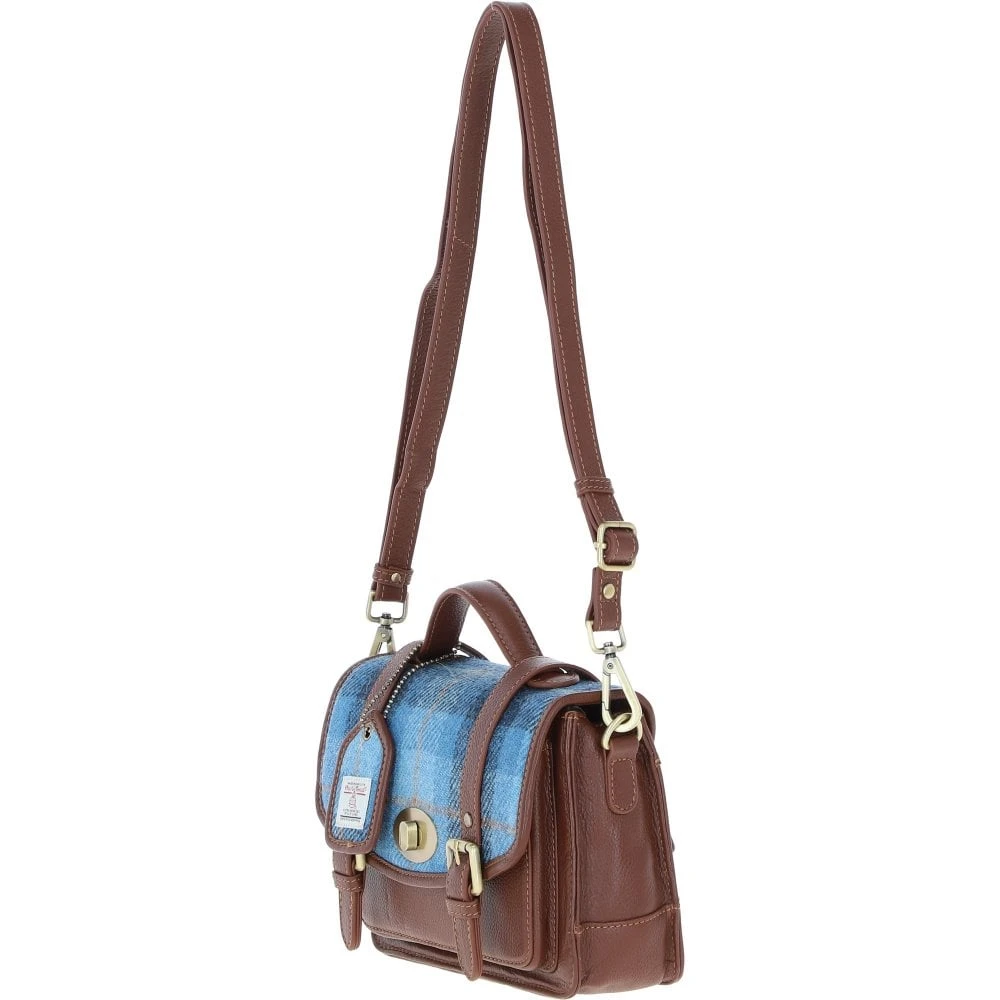 Leather X Harris Tweed Medium Satchel Bag With Twist Lock Tan/LT Blue: TW-34-05-TB - Image 2