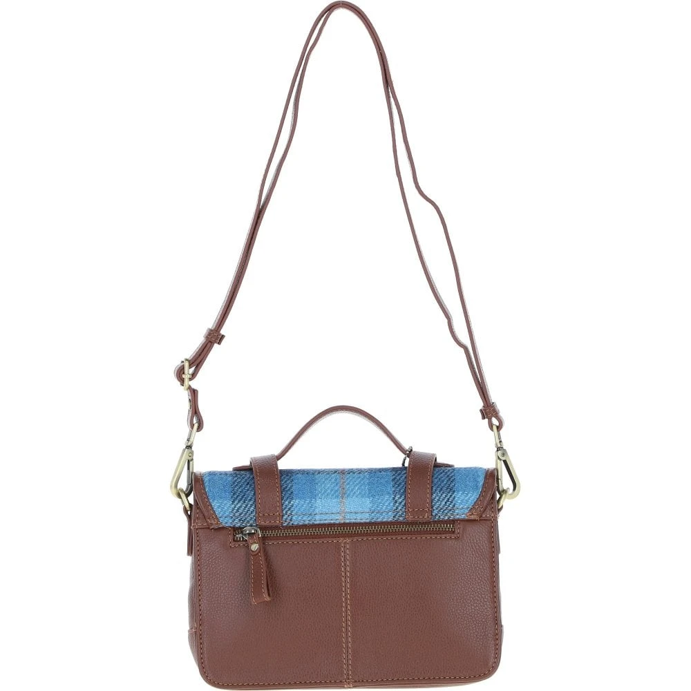 Leather X Harris Tweed Medium Satchel Bag With Twist Lock Tan/LT Blue: TW-34-05-TB - Image 3
