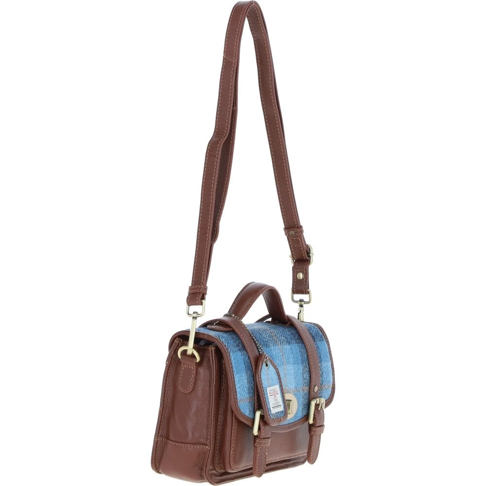 Leather X Harris Tweed Medium Satchel Bag With Twist Lock Tan/LT Blue: TW-34-05-TB - Image 4