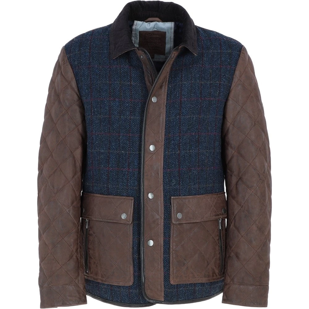 Leather X Harris Tweed Men’s Diamond Quilted Stitch Details Casual Jacket Brown/Navy: TW-907-011-BN