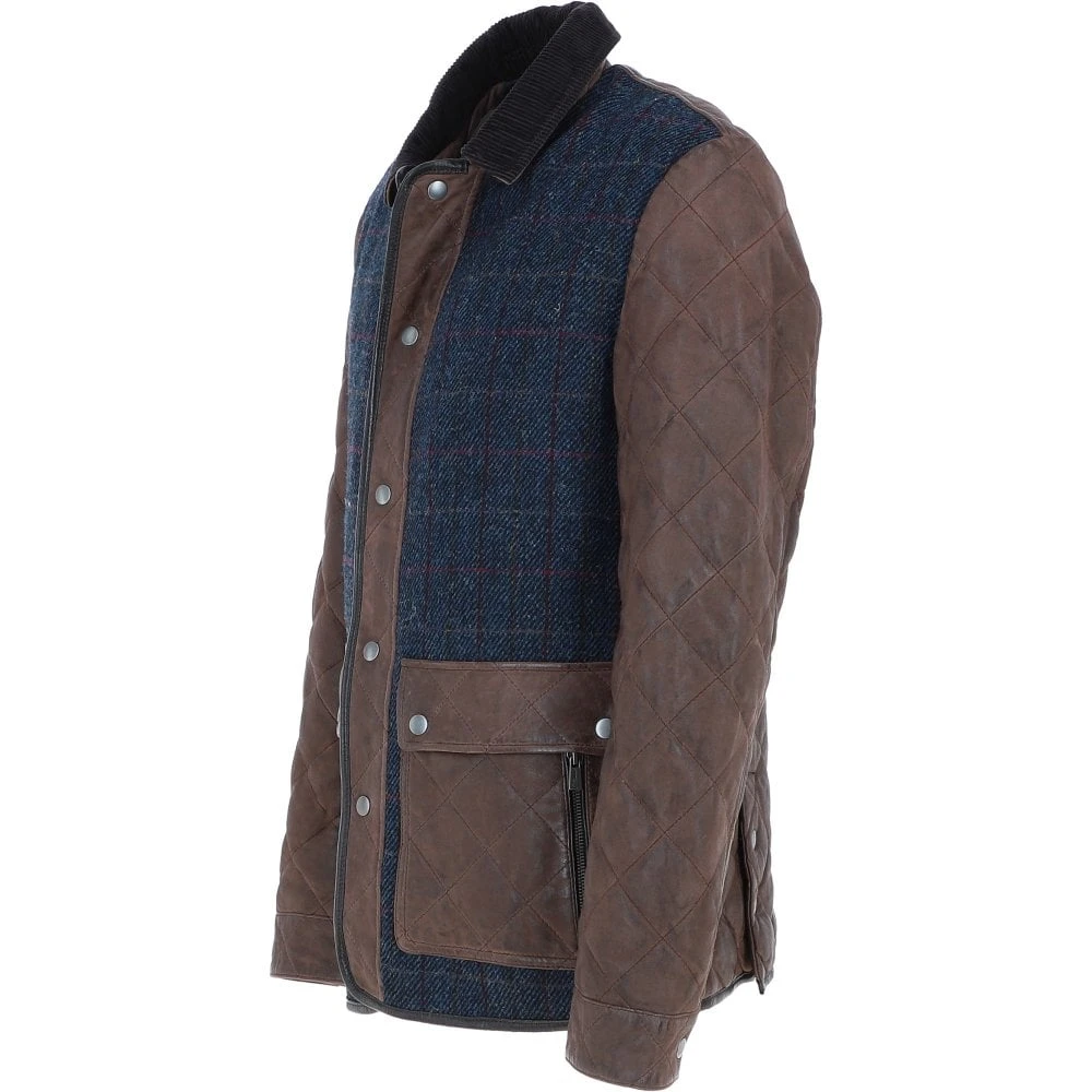 Leather X Harris Tweed Men’s Diamond Quilted Stitch Details Casual Jacket Brown/Navy: TW-907-011-BN - Image 2