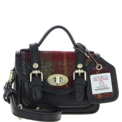 Leather X Harris Tweed Micro Satchel Bag With Twist Lock Black/Green/Red:TW-36-07-BR