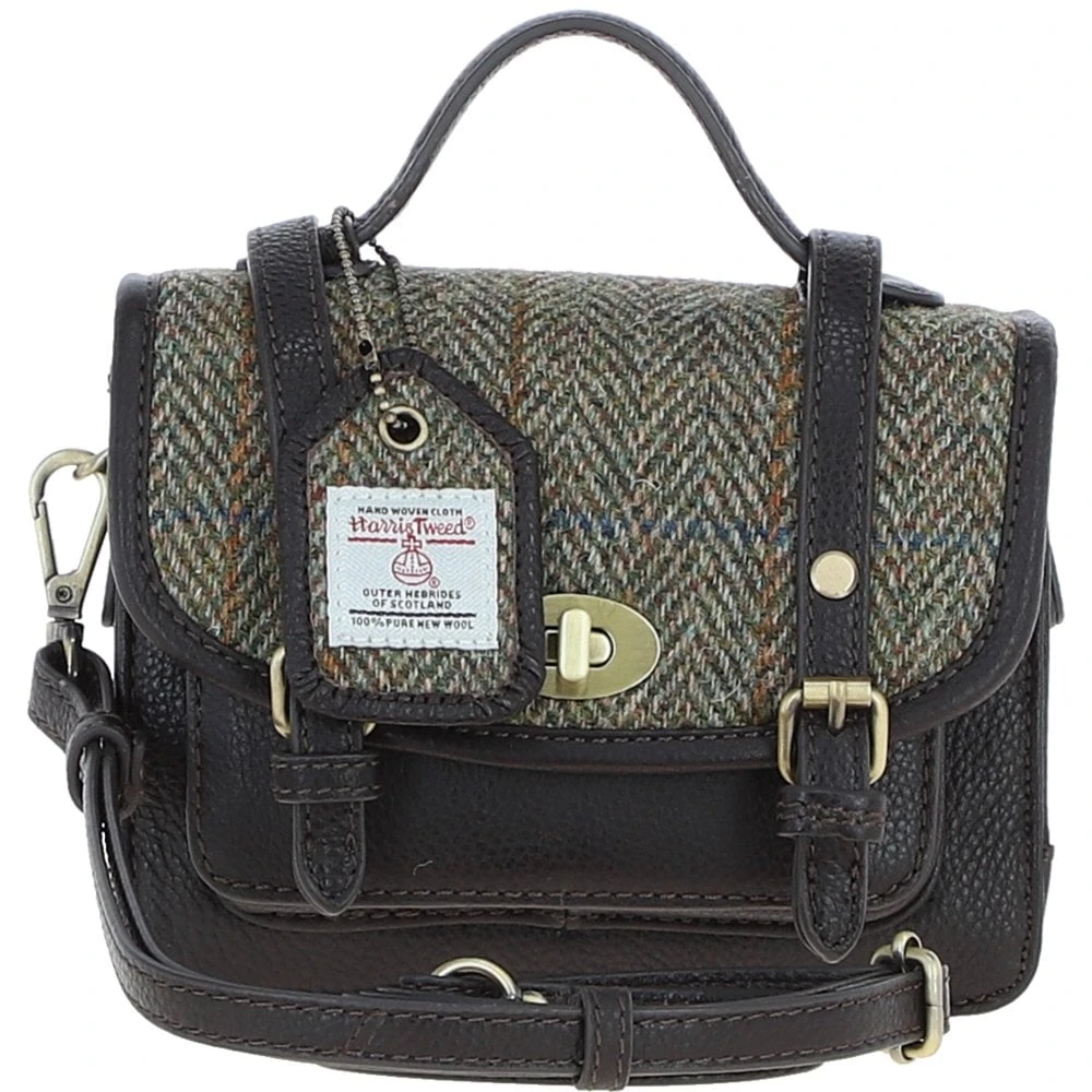 Leather X Harris Tweed Mini Satchel Bag With Twist Lock Brown/Green: TW-32-09-BG