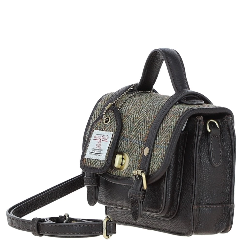 Leather X Harris Tweed Mini Satchel Bag With Twist Lock Brown/Green: TW-32-09-BG - Image 2