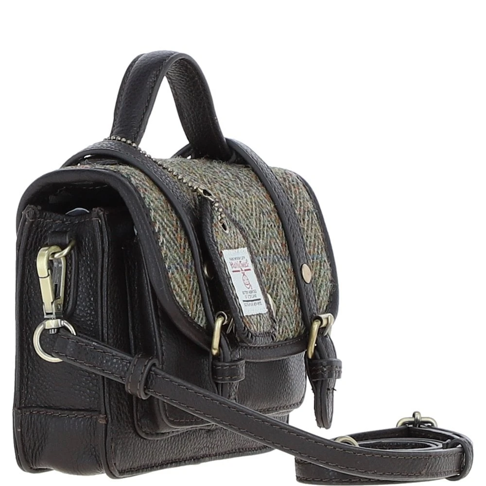 Leather X Harris Tweed Mini Satchel Bag With Twist Lock Brown/Green: TW-32-09-BG - Image 4