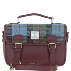 Leather X Harris Tweed Satchel Bag Wine/Mcload: TW-68-17-WM