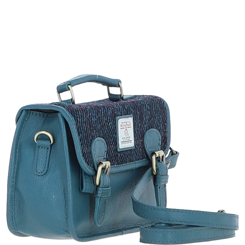Leather X Harris Tweed Small Satchel Bag Teal/Navy: TW-67-16-TN - Image 4