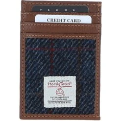 Leather X Harris Tweed Stylish Flat Card Holder Tan/Navy: TW-52-11-TN